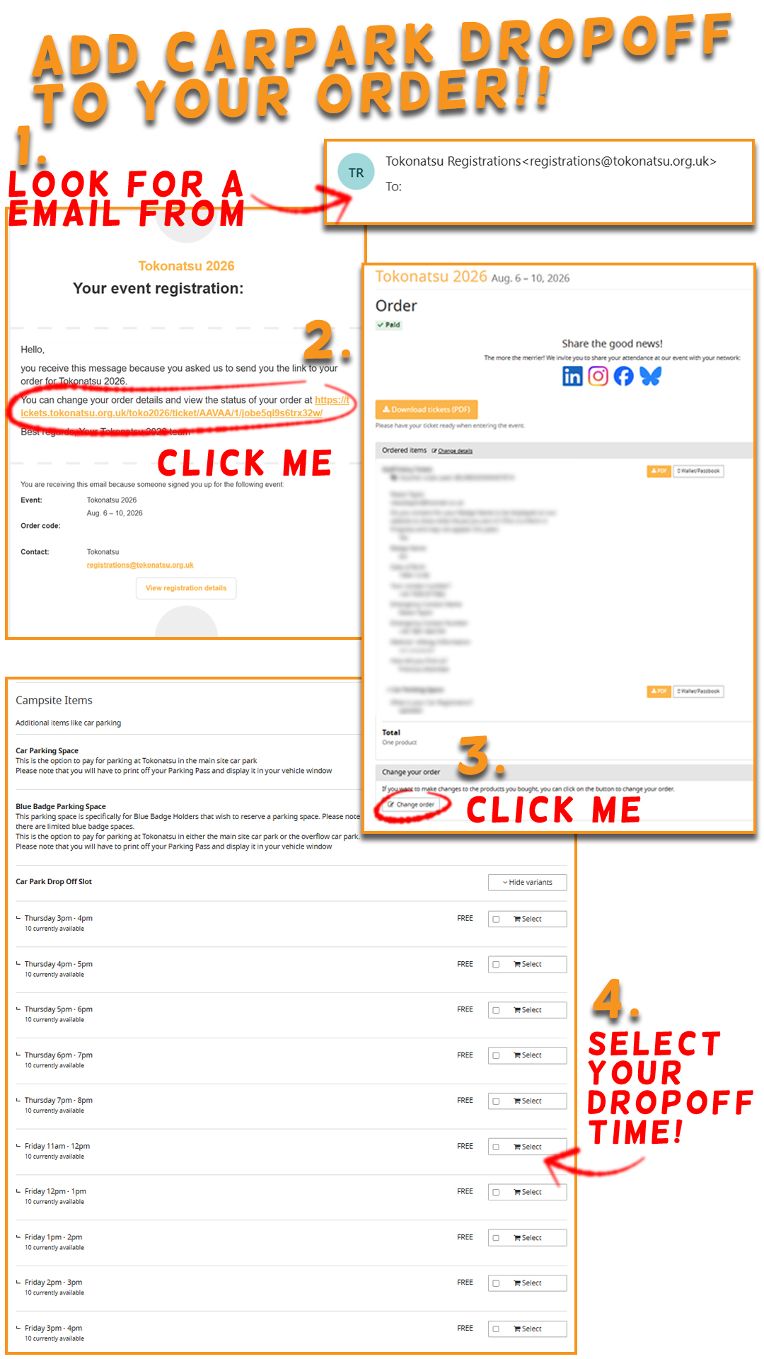 Screenshot showing how to add additional items to your order on the Pretix order page